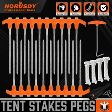 26PC Tent Stakes Pegs Camping Outdoor Steel Metal Nail 4x13FT Rope T Pull Hook