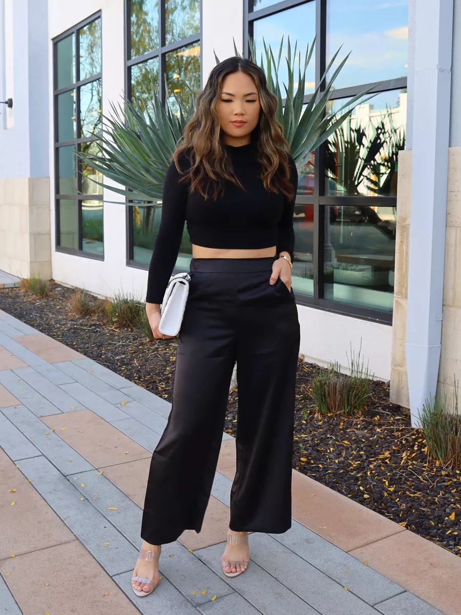 Women's Black High Waist Satin Wide-Leg Pants Cropped Straight Leg