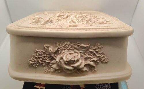 Incolay Stein Schmuckschatulle Rose Blumen Kamee Relief Elfenbein Farbe Vintage 8" x 11" - Bild 3 von 8