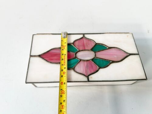 VINTAGE STAINED GLASS LEADED MIRROR BOTTOM JEWELLERY BOX FLORAL FLOWER - Picture 5 of 7