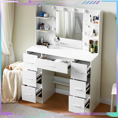 Modern Dresser Desk with 7 Drawers and Shelves 10 LED Lighted Mirror UK - Picture 4 of 9