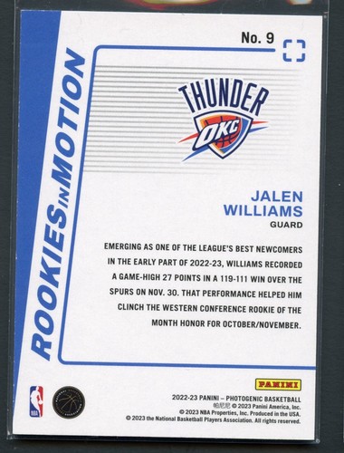/25 Jalen Williams RC 2022-23 Panini Photogenic Rookies In Motion Mojo Maze #9 - Imagen 2 de 2