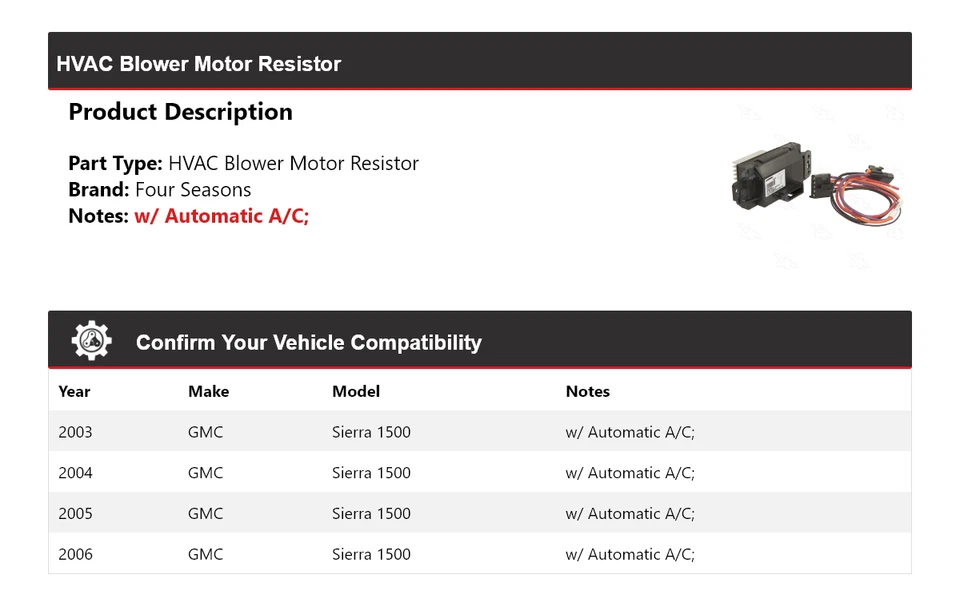 Resistencia del motor soplador de climatización para GMC Sierra 1500 2003-2006 4 estaciones 2004 2005 Foto 2 de 4