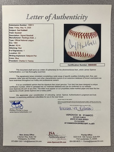 Carl Hubbell Signed Baseball Feeney New York Giants Autograph AS MVP WSC HOF JSA - Picture 8 of 8