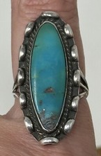 VIntage Handmade Native American Sterling Silver Elongated Turquoise Ring sz 8