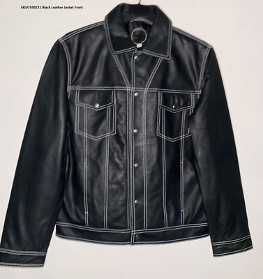 Men's Black Leather Jacket with White Contrast Thread, XL | eBay