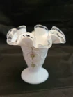 Fenton Milk Glass Violets In The Snow Spanish Lace Silver Crest Ruffled Vase 4"