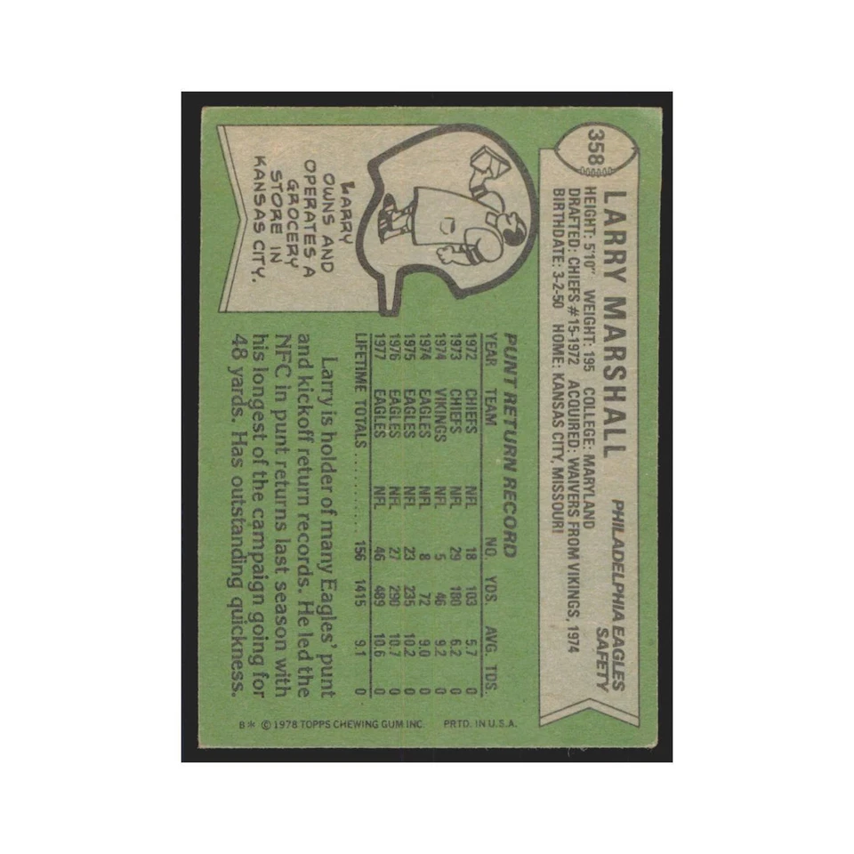 Larry Marshall 1978 Topps #358 Football Cards Football Card EX - Image 2 of 3