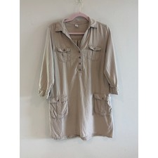 Old Navy Women Tan Khaki Linen Blend Utility Shirt Dress 3/4 Sleeve Size L
