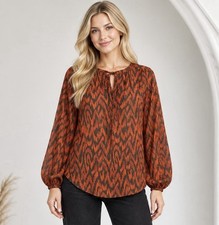 Womens Ikat Print Tie Neck Top Size Small Semi Sheer Lightweight Fall Boho Chic