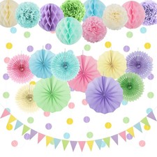 Pastel Party Decorations Hanging Paper Fans Pom Poms Flowers Rainbow 24 PCS