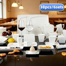 38pc White Square Dinner Set Porcelain Tableware Plates Cups Service for 6