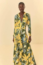 FARM RIO Foliage Sketch Green V Neck Maxi Dress Size S