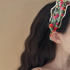Wide Lace Headband with Floral Embroidery Boho Hair Accessory for Women