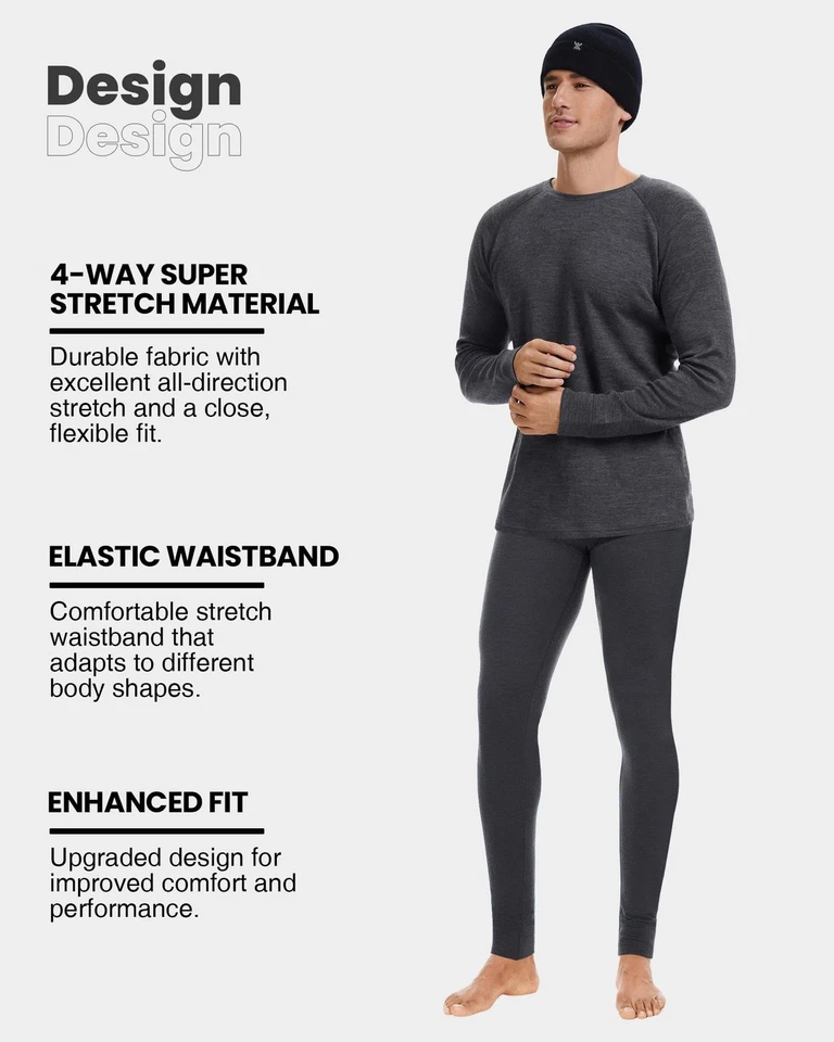 Men's 100% Merino Wool Base Layer Sets - Lightweight Thermal Underwear Gifts ... - Image 3 of 4
