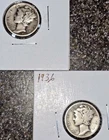 (2) 1936 Mercury Silver 10c Dime Lot,  25C Combine Ship