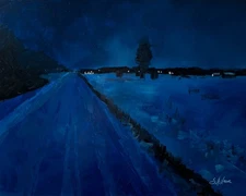 Original Oil Painting Landscape Winter Nocturne Blue Night Lights 8x10 Signed