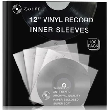 Vinyl Record Inner Sleeves 100 Pack for 12" Lp Master Style 3-Ply Anti Static...