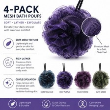 4 Pack Shower Loofah Puffs Soft Mesh Bath Sponges Body Wash Poufs