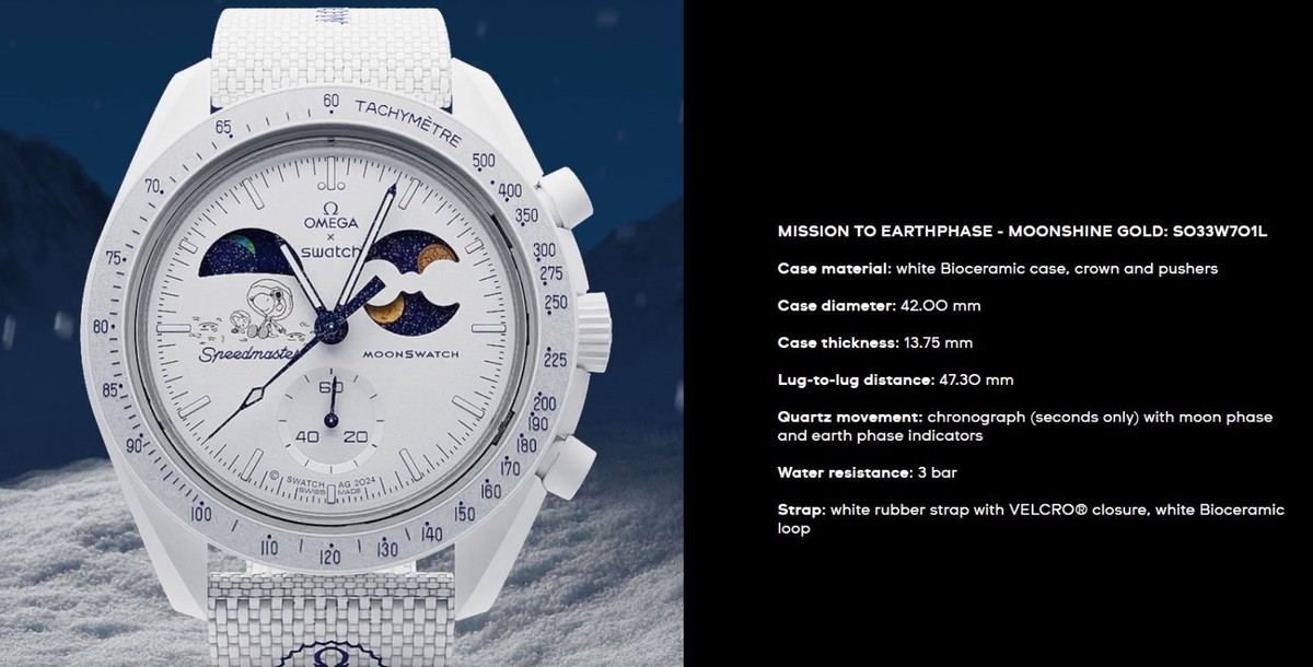 Swatch MISSION TO EARTHPHASE MOONSHINE GOLD SO33W701L White Snoopy