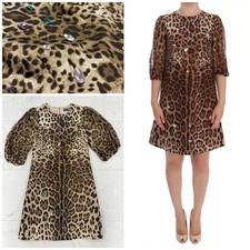 NWT $3,057 Women's Dolce & Gabbana Leopard Silk Wool Crystal Shift Dress Size:36