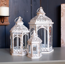New Set 3 White Rustic Lanterns Shabby Chic Candle Light Wedding Table Display