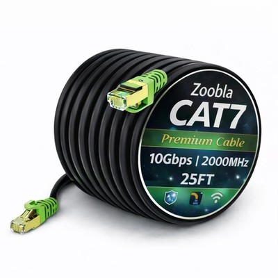 Cat7 SFTP Ethernet Patch Cord 100% Pure Copper LAN Cable, Double Shielded, 25 Ft