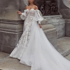 3D Flowers Sweep Train A-Line Half Sleeve Puff Sleeve Wedding Dress Panel Train