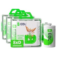 EBL Pack of 8 10000mAh Ni-MH D Cells Rechargeable Batteries, Battery Case Inc...