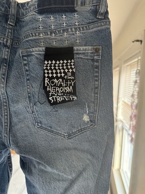 ksubi van winkle  Skinny Distressed Blue Denim Jeans Embroidered Accents 
