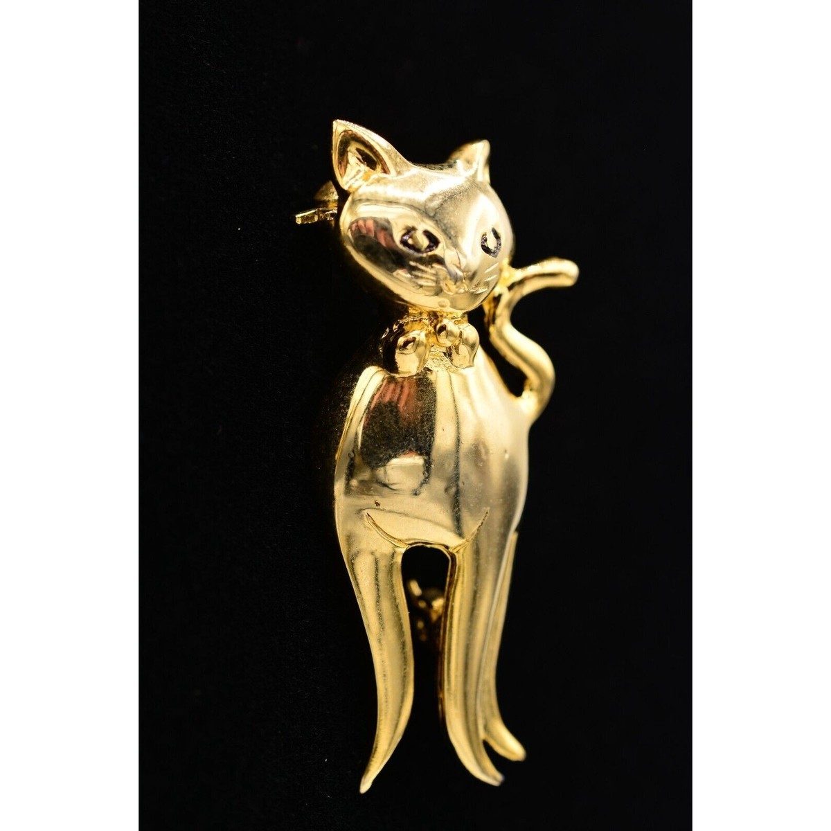 Vintage Cat Pin Brooch Pretty Gold Tone Shiny Metallic 1980s BinAJ