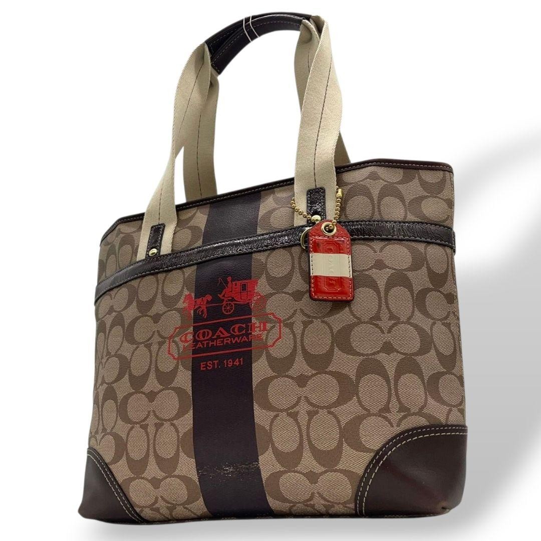 Coach Tote Bag Brown Signature Leather One-Shoulder A4 Storage Used