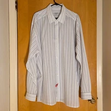 J Peterman Button Up Dress Shirt Mens XXL 2XL White Blue Striped Cotton Blend
