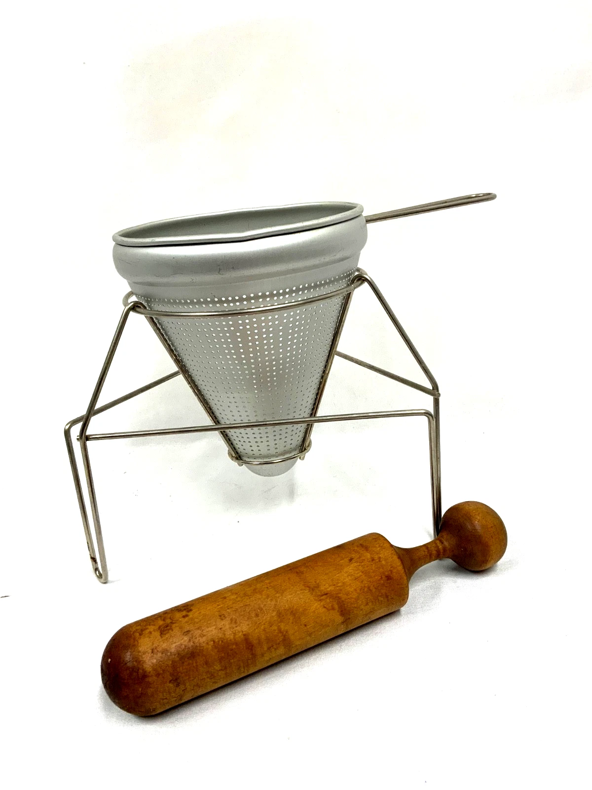 Vintage Aluminum Cone Canning Sieve Strainer Colander Wood Pestle Stand 3 pc