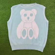 Vintage Retro Baby Teddy Bear Knitwear Sweater Vest Pastel Blue Kidcore