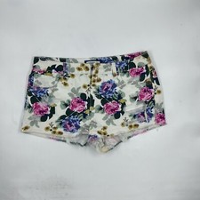 Forever 21 Women's Floral Denim Shorts Size 28 White Cotton Distressed Cutoff
