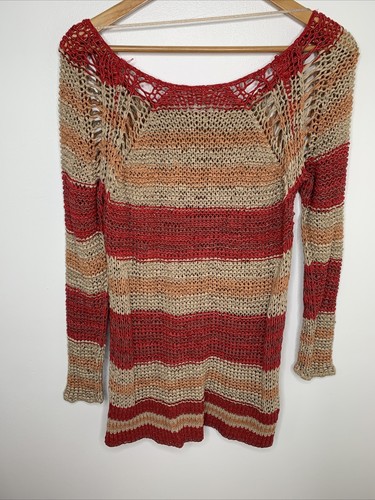 Free People Desert Moon Sweater Cream Rust Size Medium Boho Knit Stripe - Picture 7 of 11