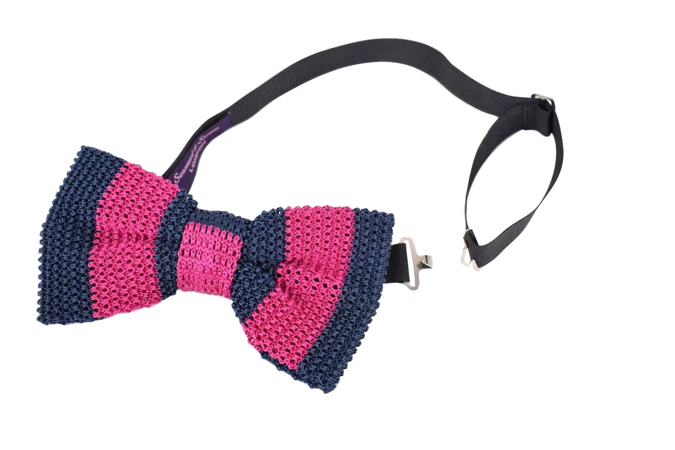 Pajarita tejida 100 % seda Seaward & Stearn nueva con etiquetas hecha en Italia en azul marino y rosa intenso Foto 3 de 4