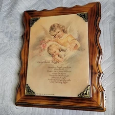 Vintage Guardian Angel By Alan Grant On Scalloped Edged Wood Plaque Wall Decor