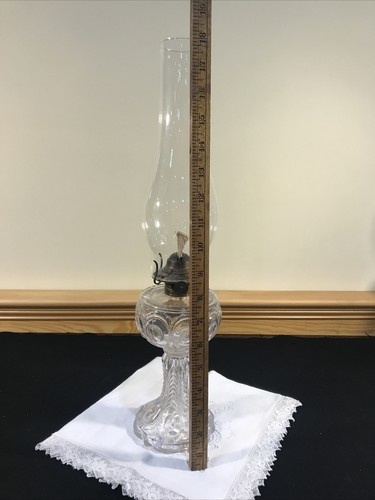 Antique EAPG Clear Peacock Feather Converted Oil Lamp to Table Lamp Pedestal 18” - Picture 12 of 12