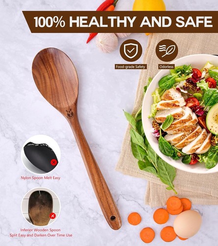 Large Wooden Spoons for Cooking, Natural Premium Teak Wooden Spoons, Good Grip - Picture 2 of 7