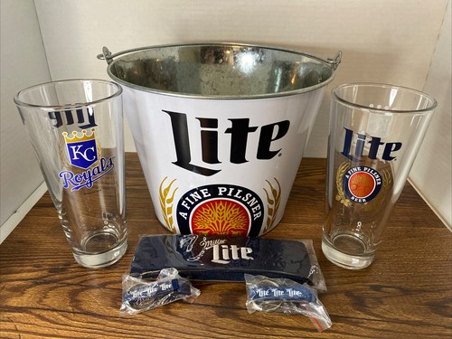 Miller Lite KC Royals 16 oz Beer Glasses/Bucket/Headband/Openers TAILGATE SET - 第 1/11 張圖片