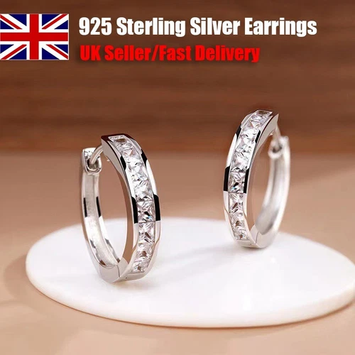 925 Sterling Silver Huggie Hoop Clip Stone Earrings Womens Girls Jewellery Gift