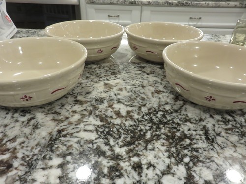 4 Longaberger Pottery Woven Traditions Heritage Red Soup/ Cereal Bowls 7" LOOK