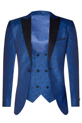 Herren Blau Smoking Blazer Weste Brokat Schwarz Satin Paisley Dinner Jacke 