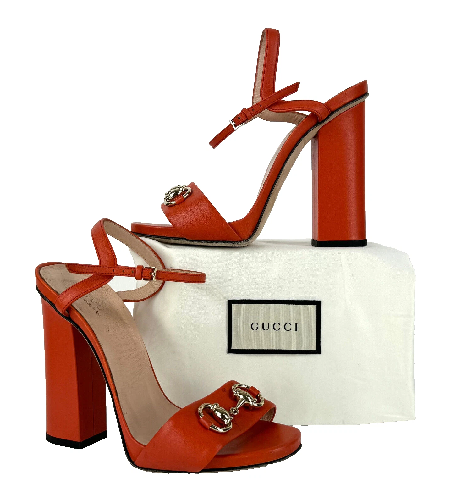 Gucci Auth 6 US 36 EU Orange Cuir Horsebit Sandales Chaussures Talons Plateforme