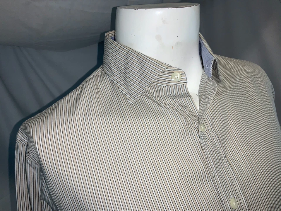Camisa Hickey Freeman Puño Abatible M Hombres Amarillo Rayas Azul Algodón India YGI D0-558 Foto 3 de 4