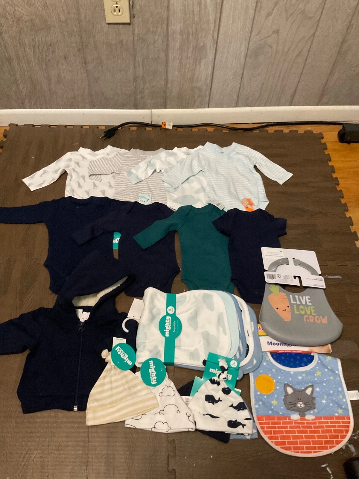 Baby Clothes lot. Boy/unisex newborn. baby accessories. Blue/grey. 15 pieces