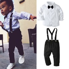 2pc Kids Baby Boys Gentleman Formal Outfit shirt Suspender pants Clothes Set