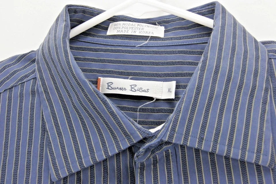 Camisa Birmania Bibas Para Hombre Talla XL Manga Larga Abotonada Azul/Dorado Rayas Foto 4 de 4